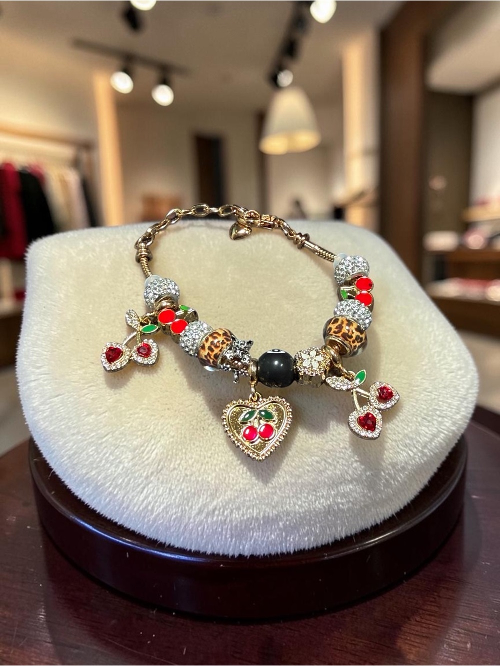 Gold-Tone Cherry Charm Bracelet with Red Enamel Accents